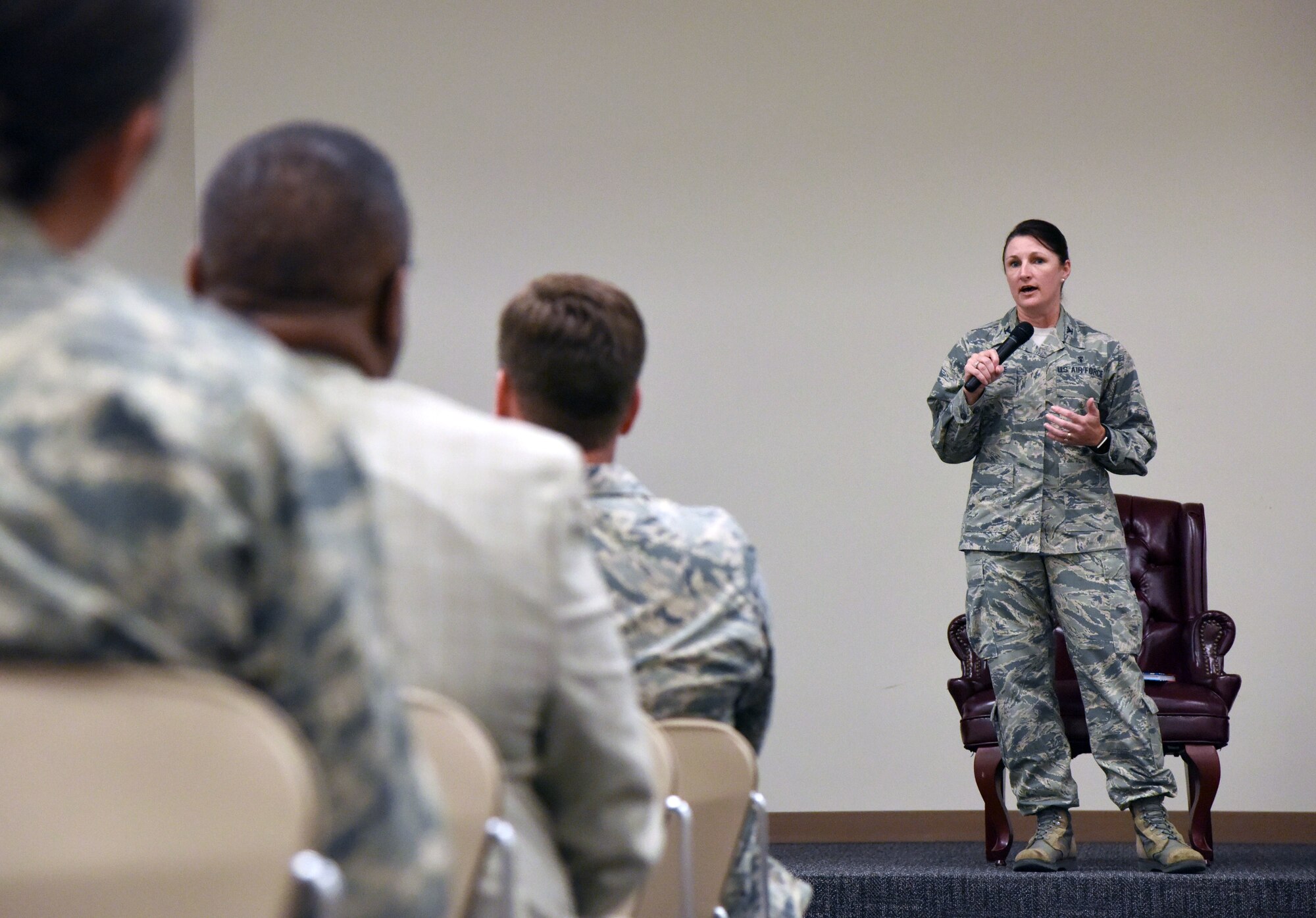 U.S. Air Force Col. Beatrice Dolihite, 81st Medical Group commander, delivers remarks during the 81st Training Wing Women's Equality Day Observance at the Roberts Consolidated Aircraft Maintenance Facility at Keesler Air Force Base, Mississippi, Aug. 21, 2018. Women�s Equality Day commemorates the passage of the 19th Amendment to the U.S. Constitution, granting the right for women to vote. The amendment was first introduced in 1878. (U.S. Air Force photo by Kemberly Groue)