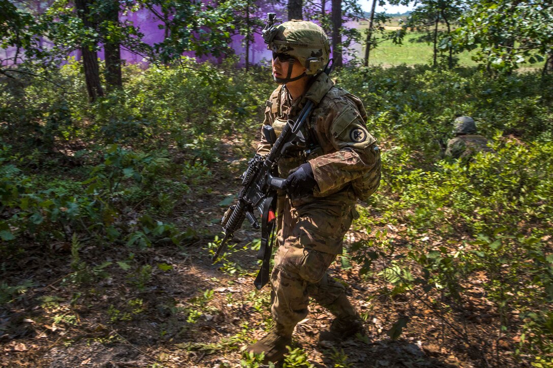 A soldier maneuvers near purple smoke.