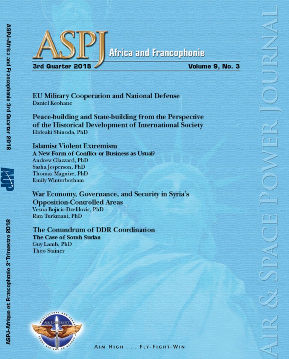 Blue ASPJ Africa & Francophonie cover for 3rd quarter 2018 lists the titles in this issue over a watermarked statue of liberty.