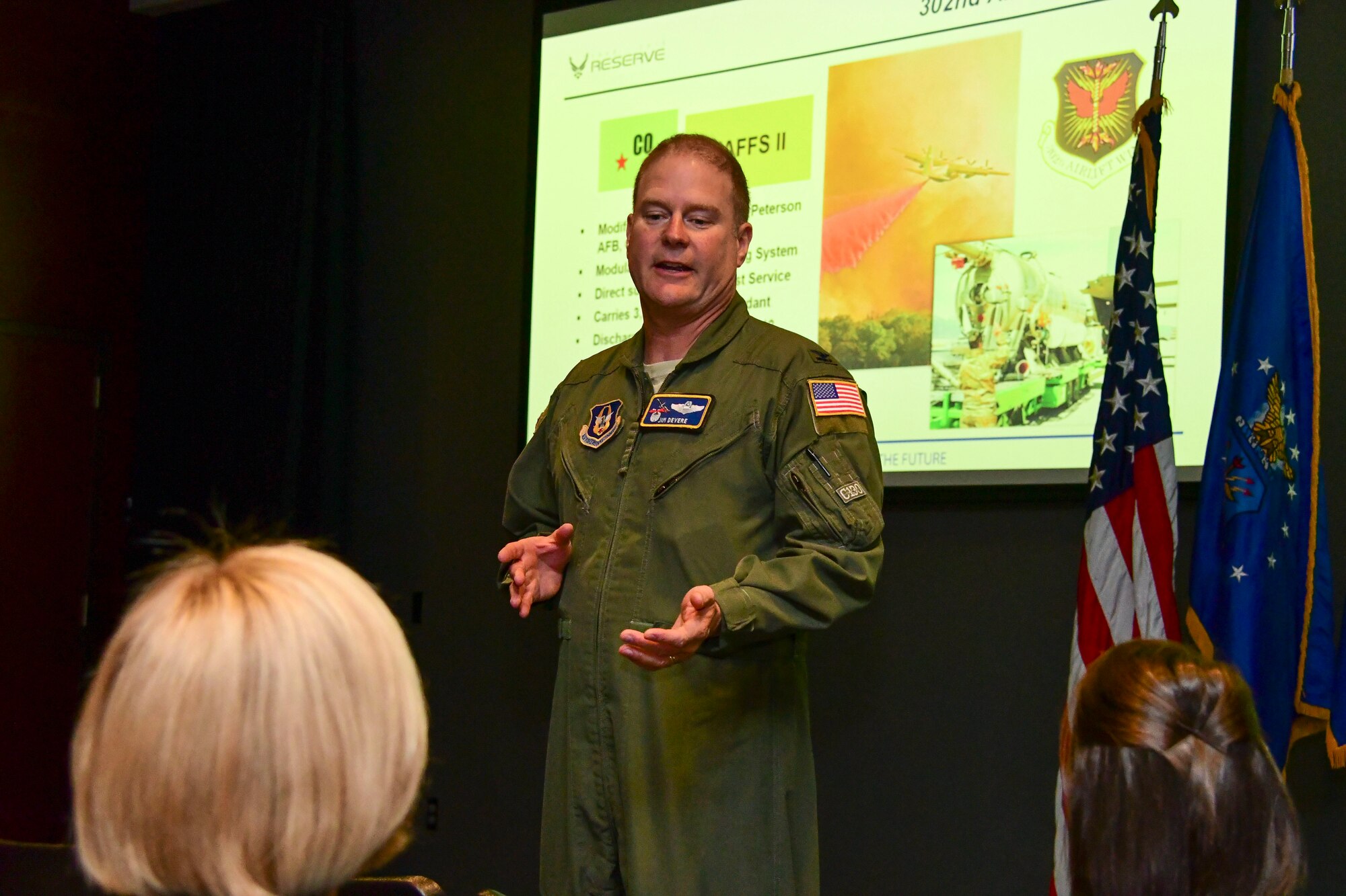 Col. James DeVere, 302nd Airlift Wing commander, gives a mission brief during the 22nd Air Force Senior Leader Summit held in August 2018. DeVere was one of several commanders who spoke during the briefing, giving attendees a better idea of the unique mission sets found throughout the 22AF. (U.S. Air Force photo/Staff Sgt. Andrew Park)