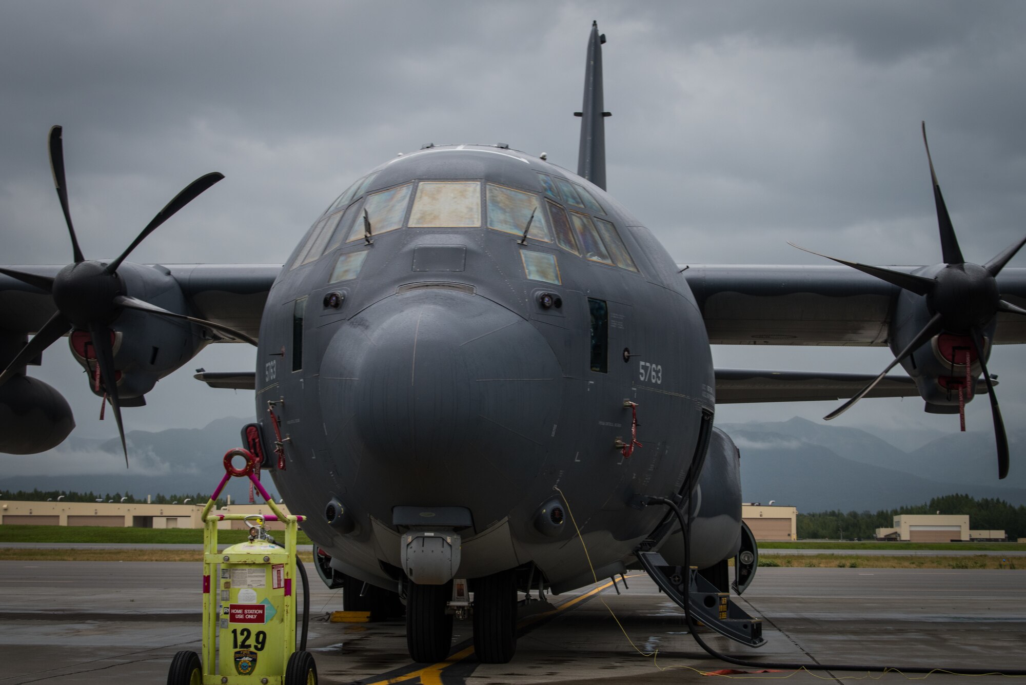 A C-130J Super Hercules from Kadena Air Force Base, Japan, rests on the flightline during Red Flag-Alaska at Joint Base Elmendorf-Richardson, Alaska, Aug. 13, 2018. RF-A is a Pacific Air Forces-directed field training exercise for U.S. and international forces flown under simulated air combat conditions. RF-A exercises are focused on improving the combat readiness of U.S. and international forces and providing training for units preparing for air expeditionary force taskings.
