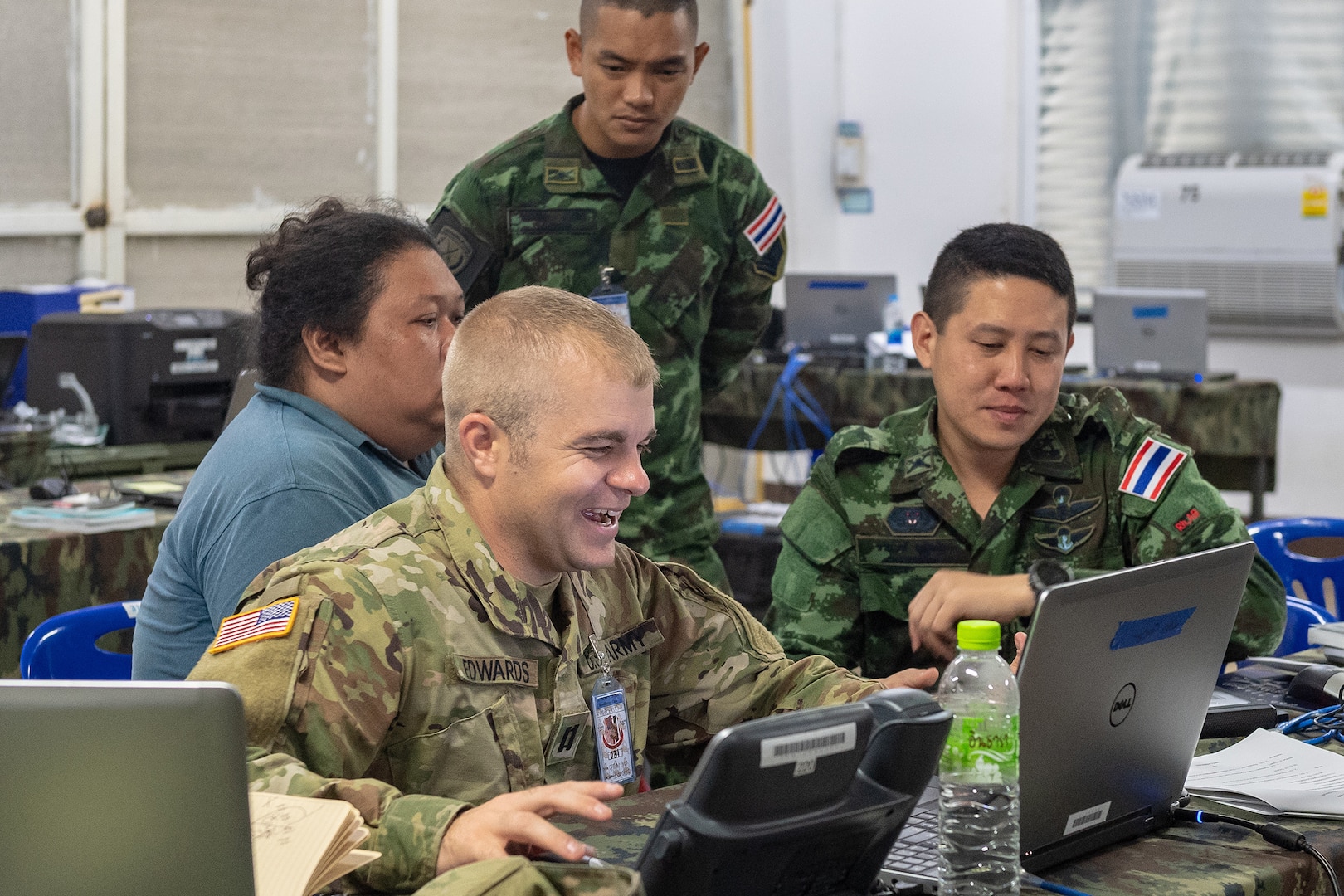 Idaho Army National Guard Capt. A.J. Edwards, 2-116th Combined Arms Battalion plans officer, works to complete mission analysis as part of the military decision-making process with Royal Thai Army Capt. Chawanon Musikadilok, company commander of the 2nd Infantry Battalion’s 1st Riffle Company Aug. 22, 2018, at the Cavalry Center in the Sarburi province. The two are part of the more than 500 U.S. Army, Army National Guard and Royal Thai Army soldiers participating in Hanuman Guardian 2018, a bilateral exercise that strengthens capability and builds interoperability between U.S. and Royal Thai Army forces.