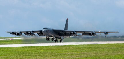 A U.S. Air Force B-52H Stratofortress bomber takes off from Andersen Air Force Base, Guam, on a higher headquarters-directed Continuous Bomber Presence mission in support of exercise Pitch Black 18 in Australia's Northern Territory Aug. 6, 2018 (HST). Bilateral training between the United States and allies like Australia increases interoperability and strengthens our long-standing military-to-military partnerships. (U.S. Air Force photo by Airman 1st Class Christopher Quail)