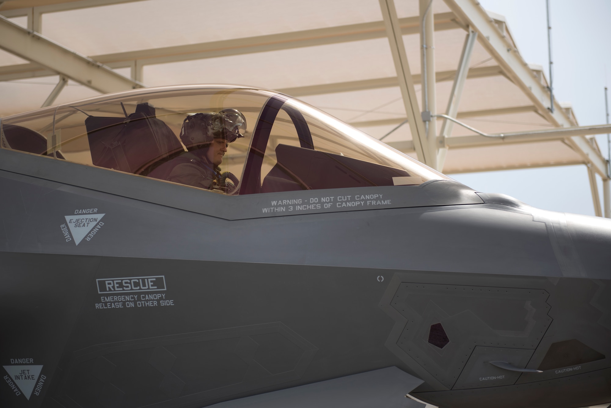 Capt. Anthony Ortiz, 62nd Fighter Squadron F-35A Lightning II pilot, prepares to taxi out his jet Aug. 22, 2018, at Luke Air Force Base, Ariz.