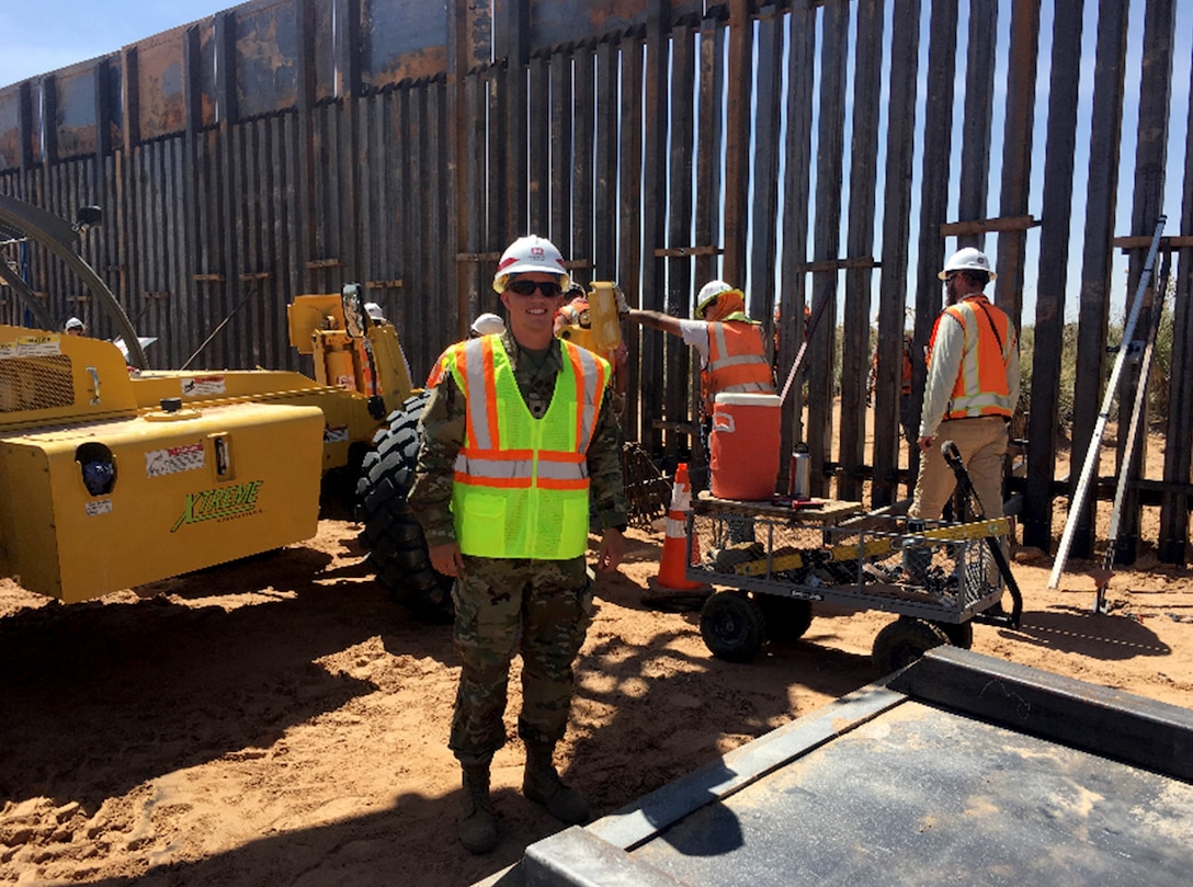 ROTC Cadet Robert Thomas during a site visit to the Border Wall project, currently under construction, near Santa Teresa, N.M., July 23, 2018.