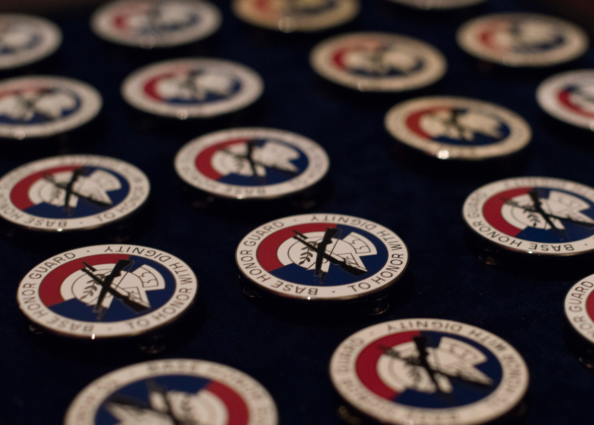 Base Honor Guard “cookies” sit ready to be given out during graduation at Fairchild Air Force Base, Washington, Aug. 10, 2018. “Cookies” are uniform badges that are worn on ceremonial uniforms to signify a base Honor Guardsman is fully trained and competent to perform military funeral honors. (U.S. Air Force photo/Senior Airman Ryan Lackey)