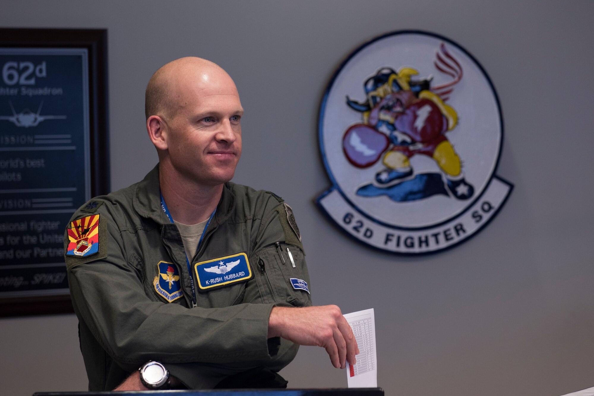 Lt. Col. Christopher Hubbard, 62nd Fighter Squadron F-35A Lightning II pilot, receives a brief before stepping to his jet for a sortie Aug. 22, 2018, at Luke Air Force Base, Ariz.