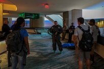 Members of Joint Task Force Civil Support discuss the challenges of wearing personal protective equipment while operating within an urban environment during the 2018 DoD Support of Civil Authorities (DSCA)/Chemical, Biological, Radiological and Nuclear (CBRN) Dense Urban Terrain Training Tactical Exercise Without Troops exercise held August 21-23 in Detroit Michigan. They were among some of the 150 participants from more than 50 organizations of the interagency, to include local, state, federal and international partners. The attendees had just ascended in a portion of a stairwell of a complex of seven interconnected skyscrapers that reaches over 80 stories located in downtown Detroit. This type of complex has been termed a “city within a city.” The training was held by the 46th Military Police Command, Michigan Army National Guard, Command and Control CBRN Response Element – Bravo and included other key training stops within the city landscape. (Official DoD photo by Mass Communication Specialist 3rd Class Michael Redd/released)