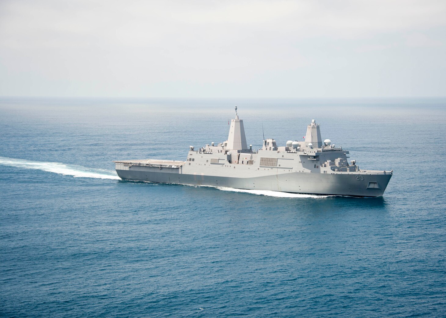 San Antonio-class amphibious transport dock ship USS Anchorage (LPD 23) transits the Pacific Ocean during Talisman Saber 2017. As part of the U.S. 3rd Fleet Forward construct, Vice Adm. Nora Tyson, commander of U.S. 3rd Fleet, and staff are embarked on Anchorage in support of the exercise. Talisman Saber is a biennial exercise designed to improve the interoperability between Australian and U.S. forces.