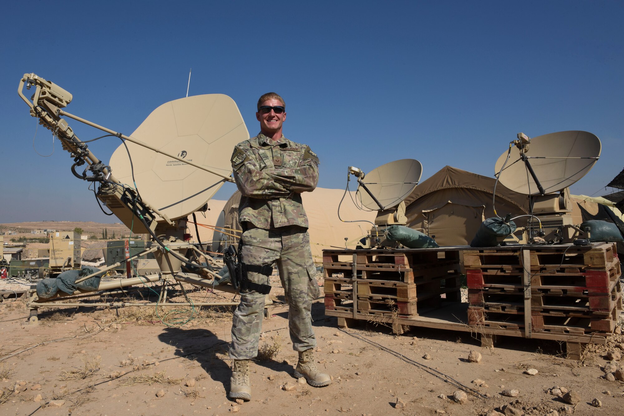 Staff Sgt. Jerod Hay, 441st Air Expeditionary Squadron Combat Communications Radio Frequency Transmissions non-commissioned officer in-charge, poses for a photo Aug. 17, 2018, at an undisclosed location in Southwest Asia. Hay is deployed from the 52nd Combat Communications Squadron, Robin Air Force Base, Ga. (U.S. Air Force photo by Tech. Sgt. Caleb Pierce)