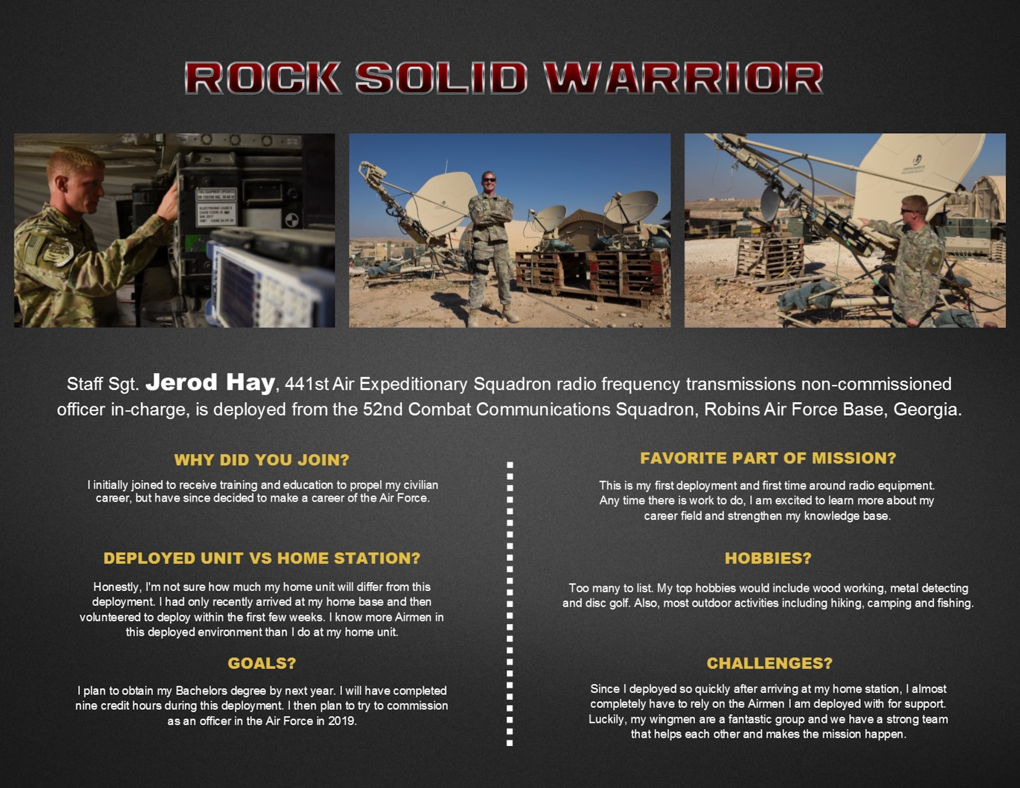 This week’s Rock Solid Warrior is Staff Sgt. Jerod Hay, 441st Air Expeditionary Squadron Combat Communications Radio Frequency Transmissions non-commissioned officer in-charge.  The Rock Solid Warrior program is a way to recognize and spotlight the Airmen of the 386th Air Expeditionary Wing for their positive impact and commitment to the mission. (U.S. Air Force graphic by Staff Sgt. Christopher Stoltz)