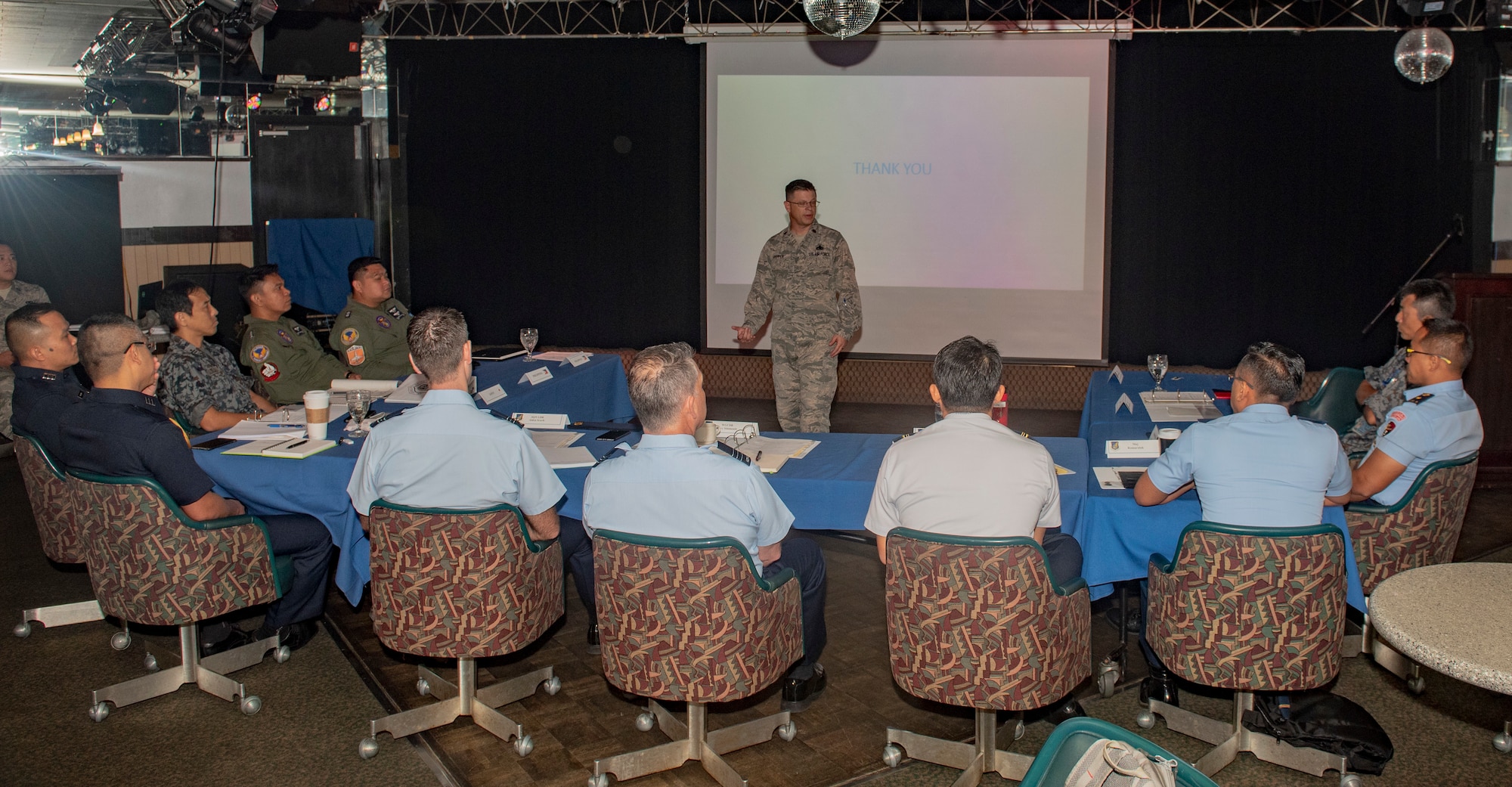 U.S. Air Force Maj. Michael Pepper, Pacific Air Forces logistics engagements officer, briefs officers of allied and partner nations during the 2018 Fighter Logistics and Safety Symposium Aug. 21, 2018, at Kadena Air Base, Japan. Air force officers from Australia, Indonesia, Japan, the Philippines, Singapore, Thailand and the U.S. conducted briefings about challenges, solutions or unique procedures related to their fighter aircraft. (U.S. Air Force photo by Staff Sgt. Micaiah Anthony)