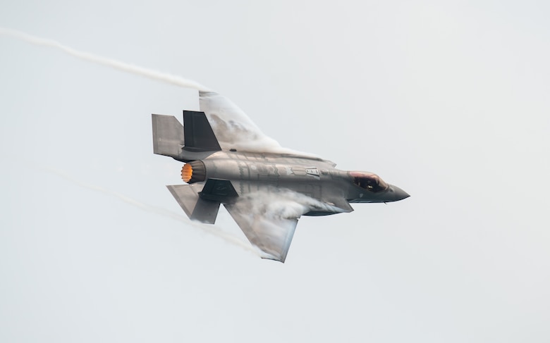 Capt. Andrew “Dojo” Olson, F-35 Heritage Flight Team pilot and commander, performs aerial maneuvers in the F-35A Lightning II during the Chicago Air and Water Show in Chicago, Aug. 18, 2018. More than 1.5 million guests attended the two-day air show to watch multiple aerial demonstrations along the shores of Lake Michigan. (U.S. Air Force photo by Airman 1st Class Alexander Cook)