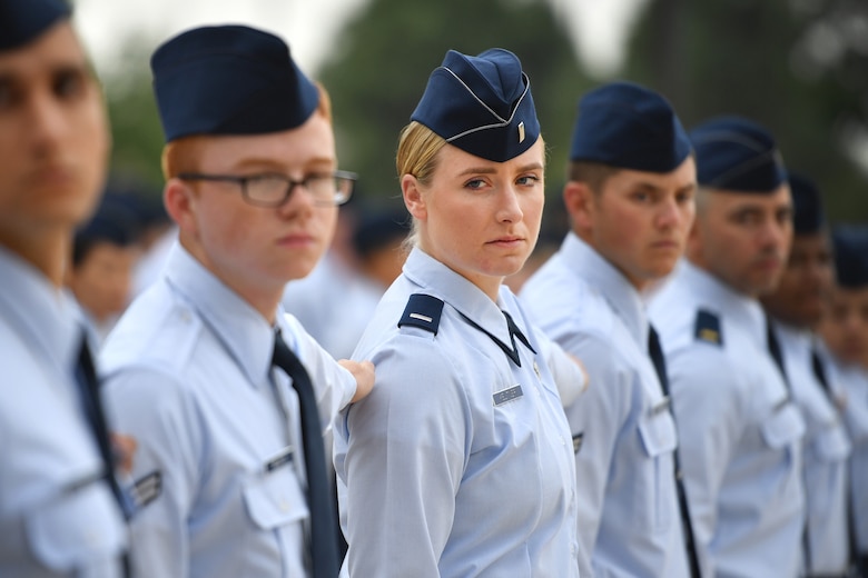 First Lt. Hillary Keltner, 50th Operations Support Squadron staff instructor for space situational awareness, follows a dress right dress command during an open ranks inspection at Schriever Air Force Base, Colo., Aug. 21, 2018. The inspection was the first the squadron held in years. (U.S. Air Force photo by Dennis Rogers)