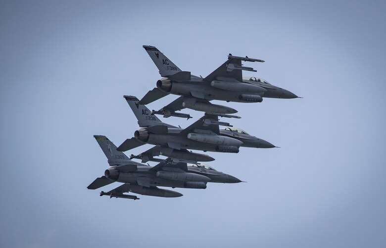 F-16C Fighting Falcons from the New Jersey National Guard’s 177th Fighter Wing fly overhead during the Thunder over the Boardwalk Air Show in Atlantic City, N.J., Aug. 22, 2018. (U.S. Air National Guard photo by Master Sgt. Matt Hecht)