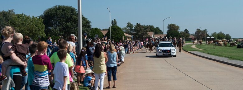 People on a street watching cattle walk by