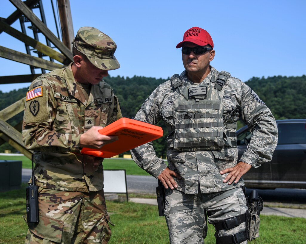 U.S. Army Sgt. Tyler Olson, Range Safety Instructor, Camp Dawson, W. Va., gives approval to U.S. Air Force Master Sgt. Daniel Novak, Combat Arms Training and Maintenance Noncomissioned Officer in Charge, 171st Security Forces Squadron, to use a weapons range on Camp Dawson, W. Va., Aug. 6, 2018. Guardsmen from the 171 SFS, located at the 171st Air Refueling Wing near Pittsburgh, traveled to Camp Dawson, August 5-8, 2018, to familiarize and qualify on the 240B and 249 machine guns. (U.S. Air National Guard photo by Tech. Sgt. Allyson L. Manners)