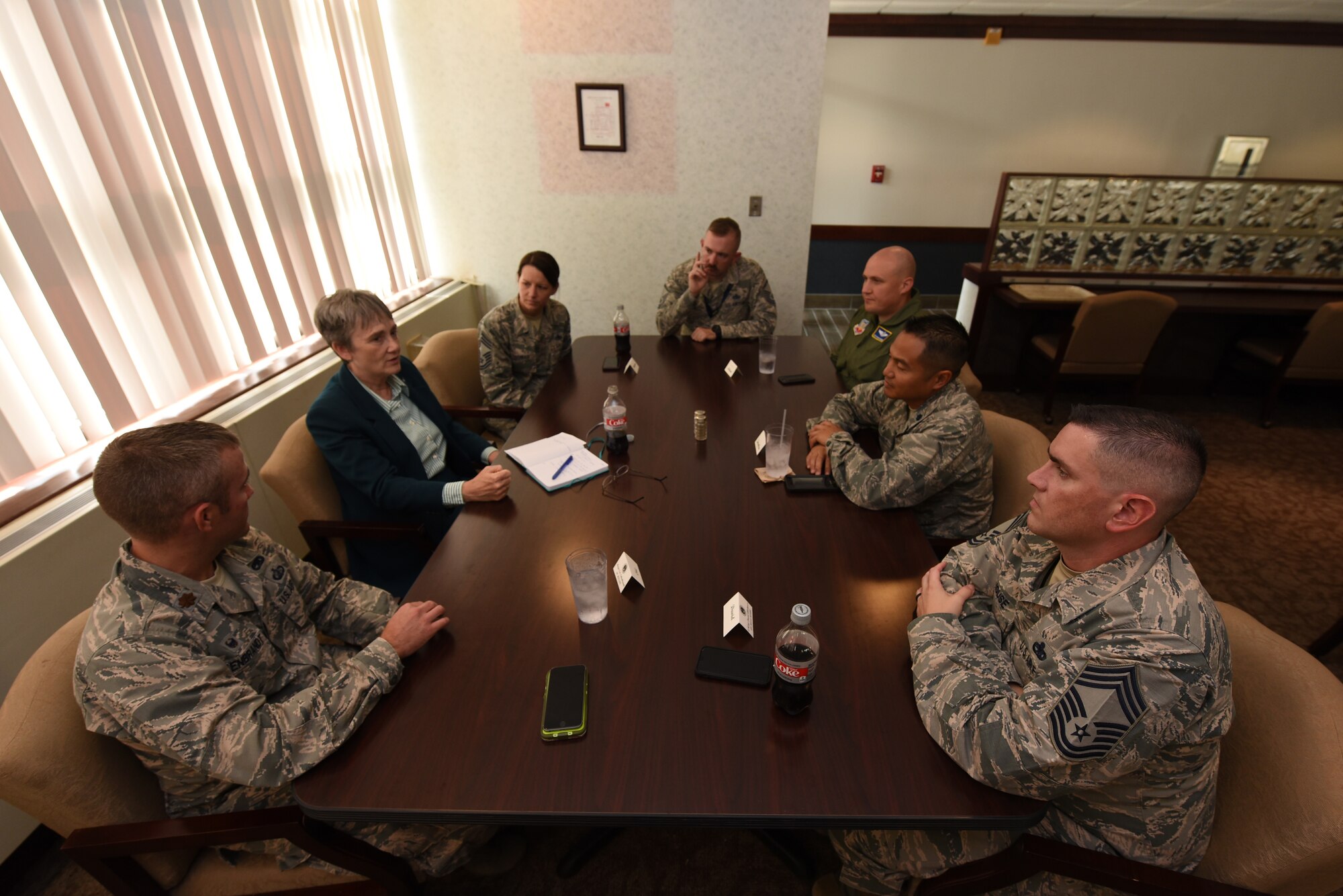 Secretary of the Air Force Heather Wilson meets with commanders and senior enlisted leaders during a luncheon at Airey Dining Facility August 20, 2018, on Grand Forks Air Force Base, North Dakota. Some of the topics presented to Wilson from the leaders were about mission struggles and successes. (U.S. Air Force photo by Airman 1st Class Elora J. Martinez)