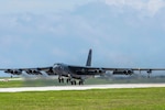 A U.S. Air Force B-52H Stratofortress bomber takes off from Andersen Air Force Base, Guam, on a higher headquarters-directed Continuous Bomber Presence mission in support of exercise Pitch Black 18 in Australia