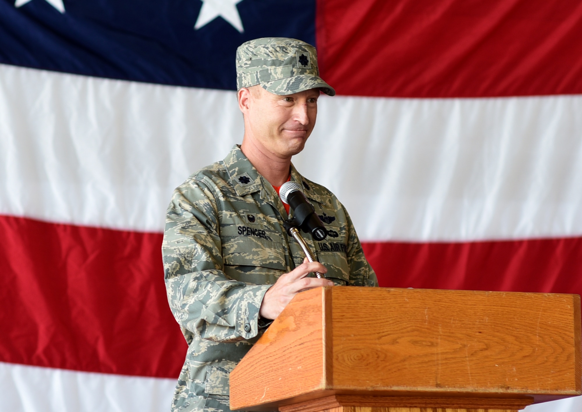 U.S. Air Force Lt. Col. Kendall Spencer gives a speech during the squadron change of command ceremony at Tyndall Air Force Base, Florida, Aug. 24, 2018.