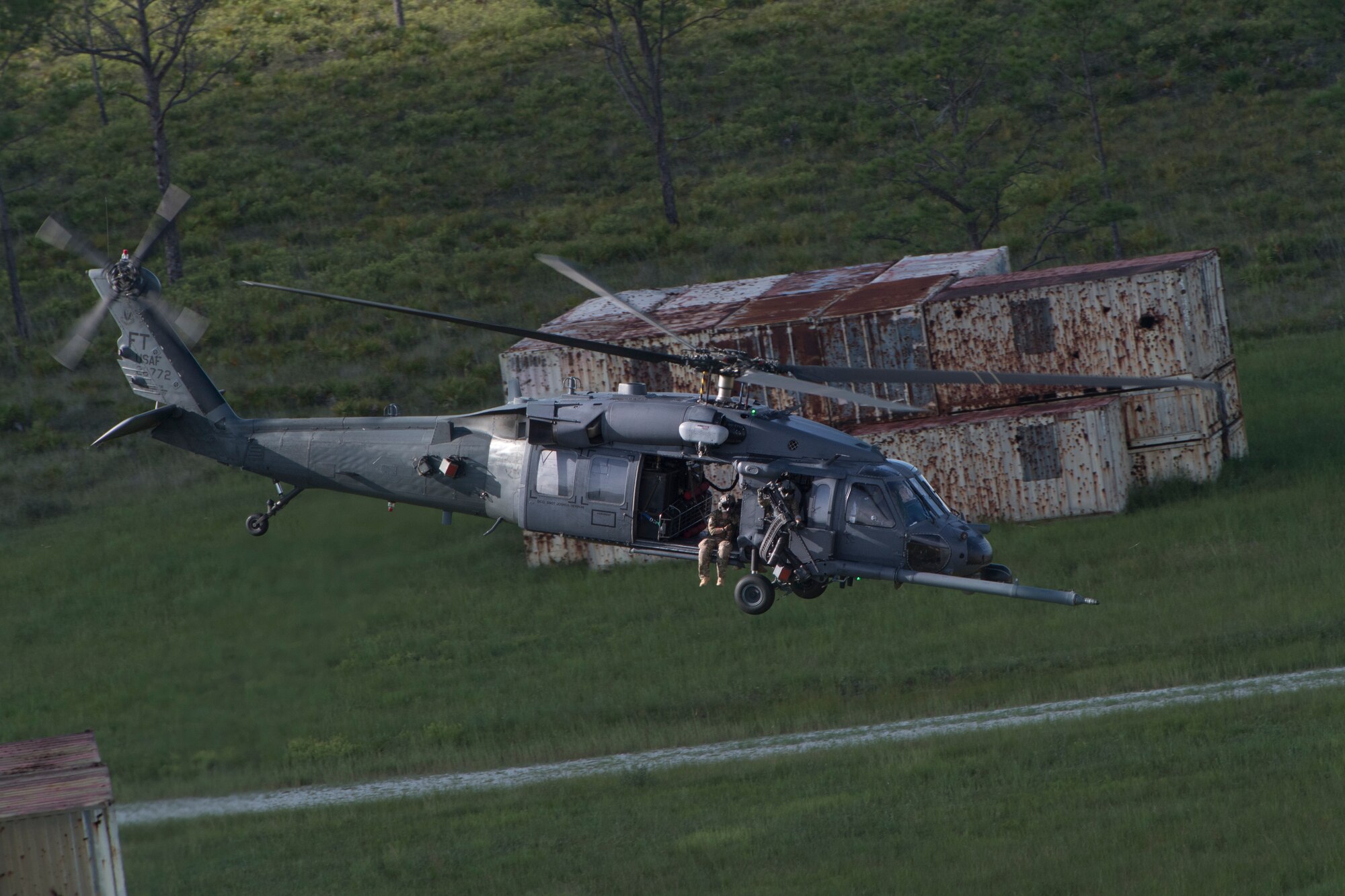 An HH-60G Pave Hawk takes off, Aug. 15, 2018, at Avon Park Air Force Range, Fla. Airmen from the 41st Rescue Squadron and 41st Helicopter Maintenance Unit traveled to Patrick Air Force Base, Fla. to participate in a spin-up exercise. During the exercise, Airmen faced scenarios and situations they may encounter downrange. (U.S. Air Force photo by Senior Airman Janiqua P. Robinson)