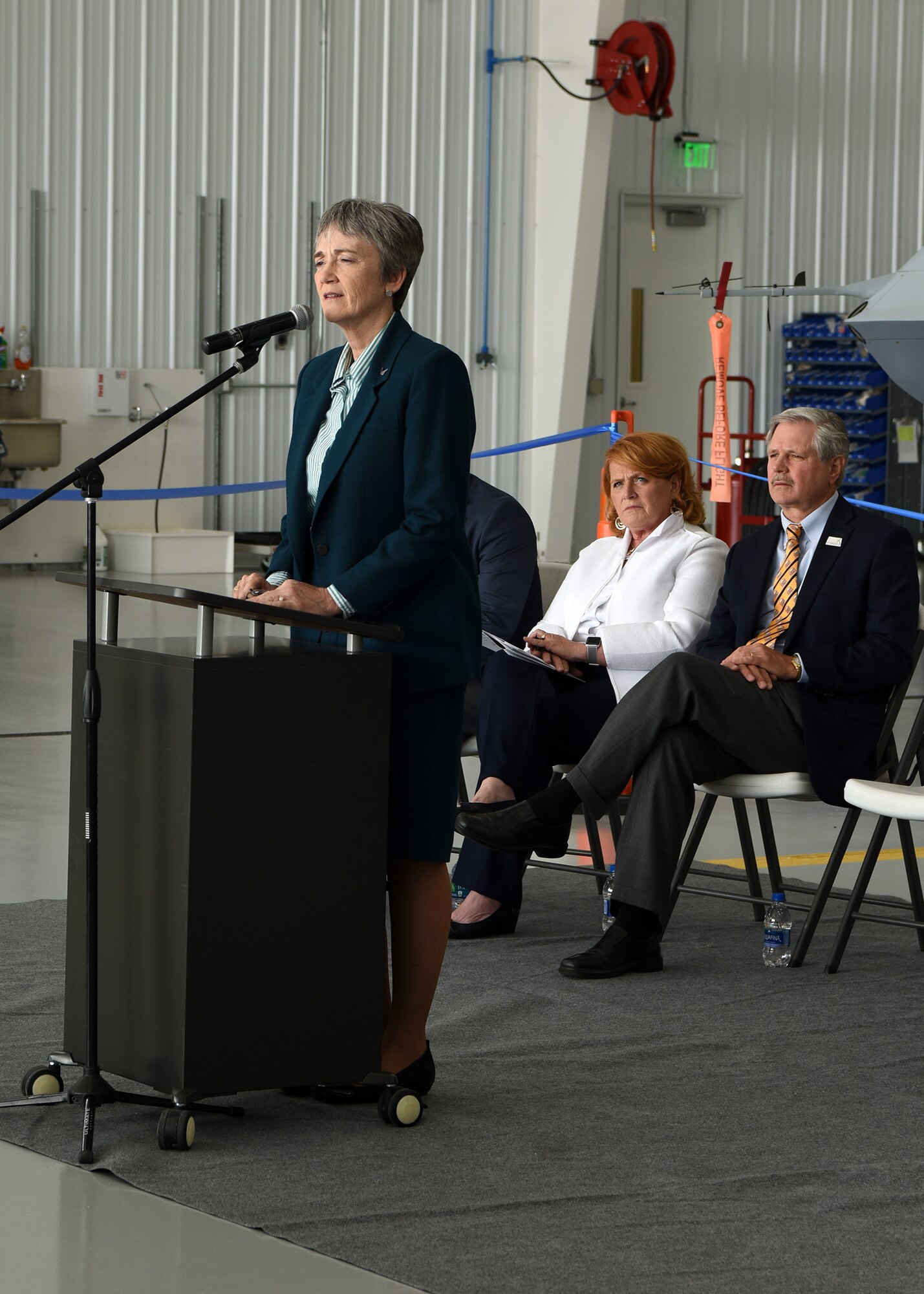 Air Force Secretary Heather Wilson gives a brief to a crowd during the first civil beyond visual line of sight event August 20, 2018 at Grand Sky at Grand Forks Air Force Air Force Base, North Dakota. This recently authorized capability will help to advance the development, testing and evaluation of unmanned aircraft systems applications while also supporting the safe integration of unmanned aircraft into national airspace. (U.S. Air Force photo by Senior Airman Cierra Presentado)