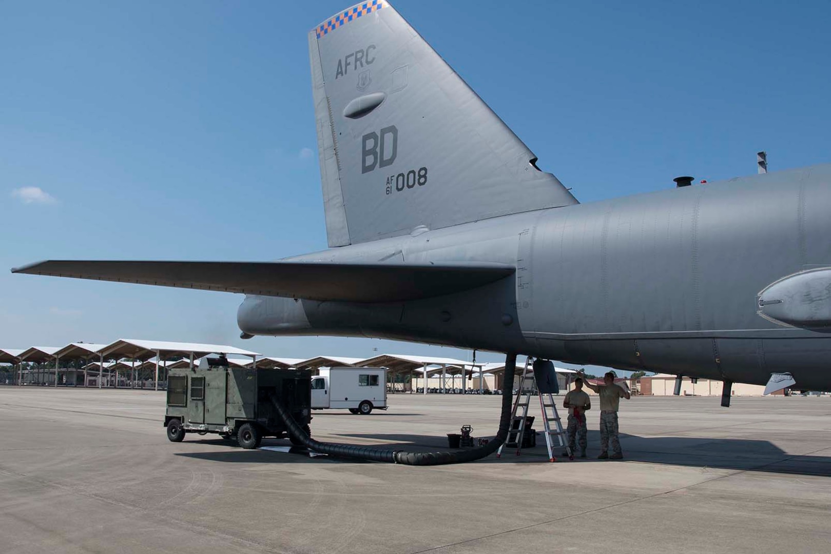 U.S. Air Force Airmen assigned to the 307th Maintenance Squadron make scheduled repairs to a B-52 Stratofortress Aug. 4, 2018 at Barksdale Air Force Base, Louisiana.  Metals technology specialists use various welding techniques, water jets, lathes, and mills to manipulate metal on aircraft engines and parts. They do this in order to prolong the life of the jet. (U.S. Air Force photo by Staff Sgt. Callie Ware)