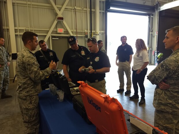 Airman 1st Class Cameron Polson, Joint Base Charleston’s Office of Emergency Management, explains JB Charleston's capabilities to detect and identify any weapons of mass destruction, hazardous materials, or chemical, biological, radiological and nuclear hazards to members of Charleston County Emergency Management and Charleston County’s Weapons of Mass Destruction response team Aug. 23, 2018, at JB Charleston.