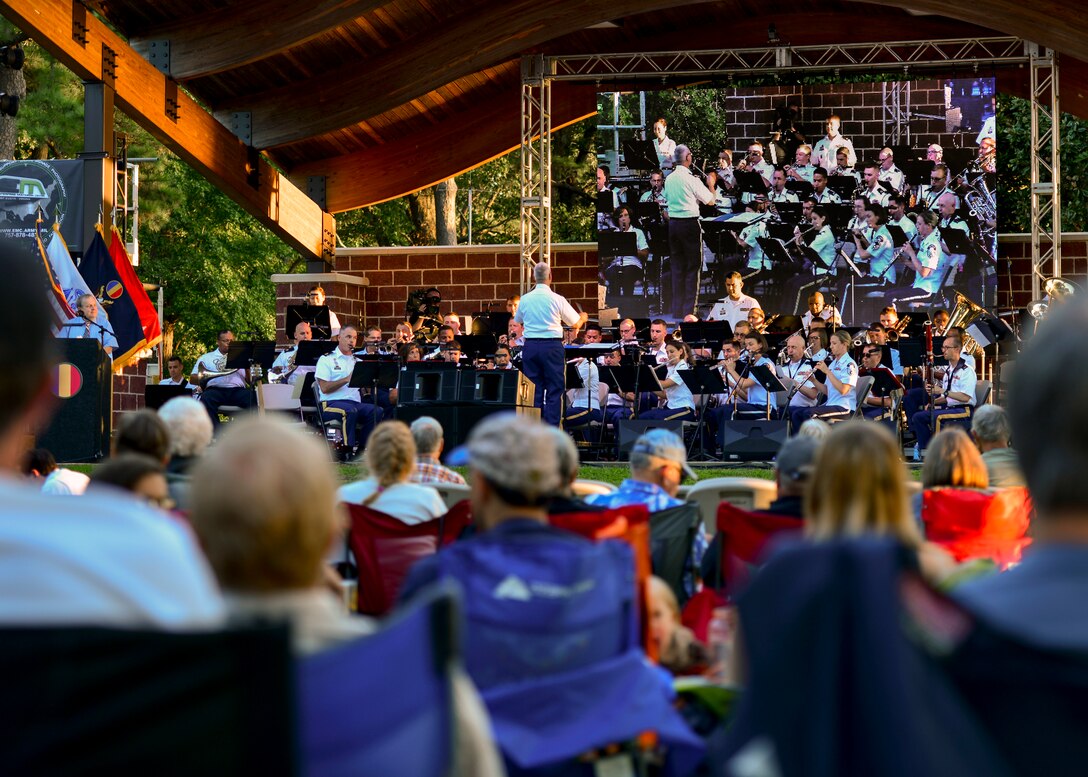 The U.S. Army Training and Doctrine Command Band performs during the Music Under the Stars 86th season finale concert at Joint Base Langley-Eustis, Virginia, Aug. 23, 2018.