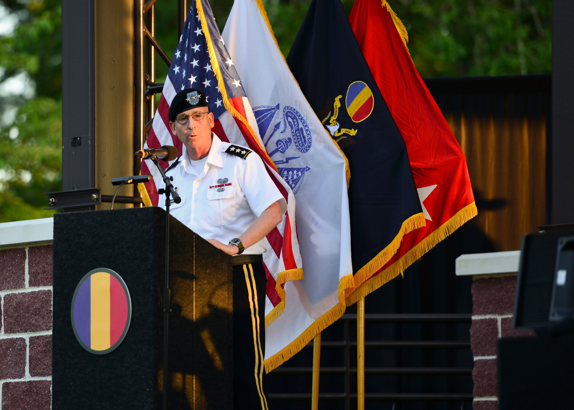 U.S. Army Lt. Gen. Theodore D. Martin, U.S. Army Training and Doctrine Command deputy commanding general, gives remarks during the TRADOC Band’s 86th season finale of Music Under the Stars at Joint Base Langley-Eustis, Virginia, Aug. 23, 2018.
