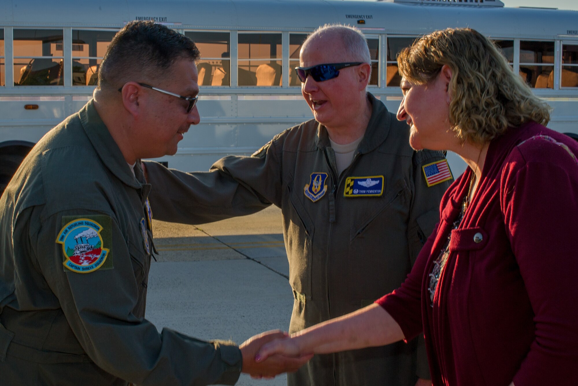Col. Thomas O. Pemberton, 514th Air Mobility Wing commander, and his wife Dawn Pemberton greet Chief Master Sgt. Victor Guzman, KC-10 Extender boom operator with the 78th Refueling Squadron here, upon his return to Joint Base McGuire-Dix-Lakehurst, N.J., August 23, 2018. Reserve Citizen Airmen from the 76th and 78th Air Refueling Squadrons here deployed with members from Travis Air Force Base, Calif., to Al Dhafra Air Base, Abu Dhabi, United Arab Emirates. (U.S. Air Force photo by Senior Airman Ruben Rios)