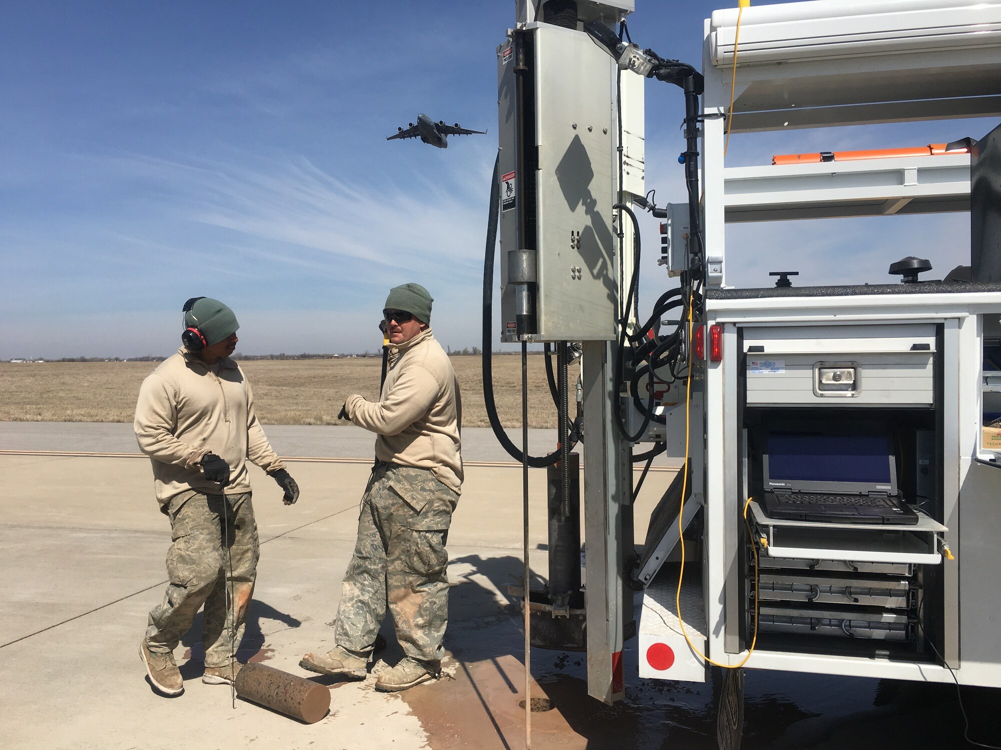 Members of the Air Force Civil Engineer Center’s Airfield Pavement Evaluation Team perform structural testing at Altus Air Force Base, Oklahoma.