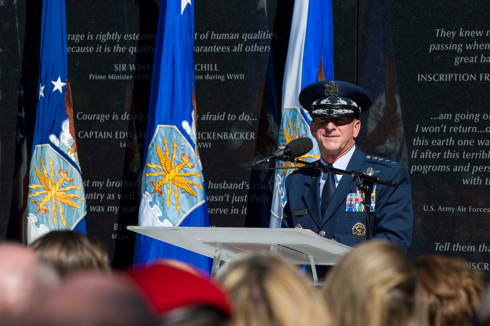 Air Force Chief of Staff Gen. David L. Goldfein speaks during Master Sgt. John Chapman’s name unveiling ceremony at the Air Force Memorial in Arlington, Va., Aug. 24, 2018. Chapman was posthumously awarded the Medal of Honor for actions on Takur Ghar Mountain in Afghanistan March 4, 2002. An elite special operations team was ambushed by the enemy and came under heavy fire from multiple directions. Chapman immediately charged an enemy bunker through thigh-deep snow and killed all enemy occupants. Courageously moving from cover to assault a second machine gun bunker, he was injured by enemy fire. Despite severe wounds, he fought relentlessly, sustaining a violent engagement with multiple enemy personnel before making the ultimate sacrifice. With his last actions he saved the lives of his teammates. (U.S. Air Force photo by Tech. Sgt. DeAndre Curtiss)