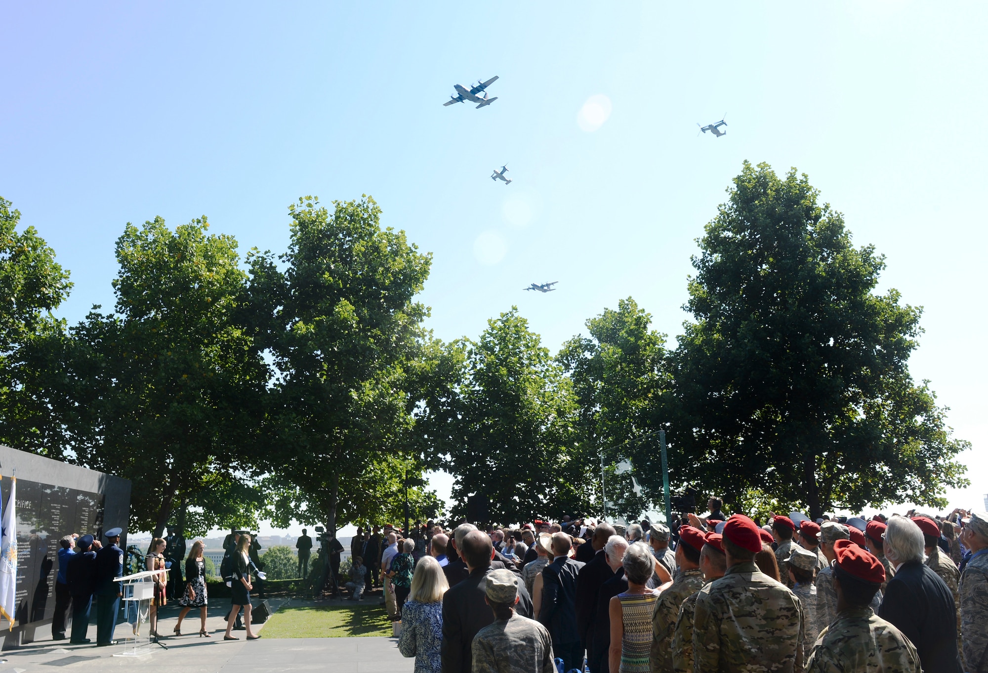 A missing man formation flies over Master Sgt. John Chapman’s name unveiling ceremony at the Air Force Memorial in Arlington, Va., Aug. 24, 2018. Chapman was posthumously awarded the Medal of Honor for actions on Takur Ghar Mountain in Afghanistan March 4, 2002. An elite special operations team was ambushed by the enemy and came under heavy fire from multiple directions. Chapman immediately charged an enemy bunker through thigh-deep snow and killed all enemy occupants. Courageously moving from cover to assault a second machine gun bunker, he was injured by enemy fire. Despite severe wounds, he fought relentlessly, sustaining a violent engagement with multiple enemy personnel before making the ultimate sacrifice. With his last actions he saved the lives of his teammates. (U.S. Air Force photo by Staff Sgt. Chad Trujillo)