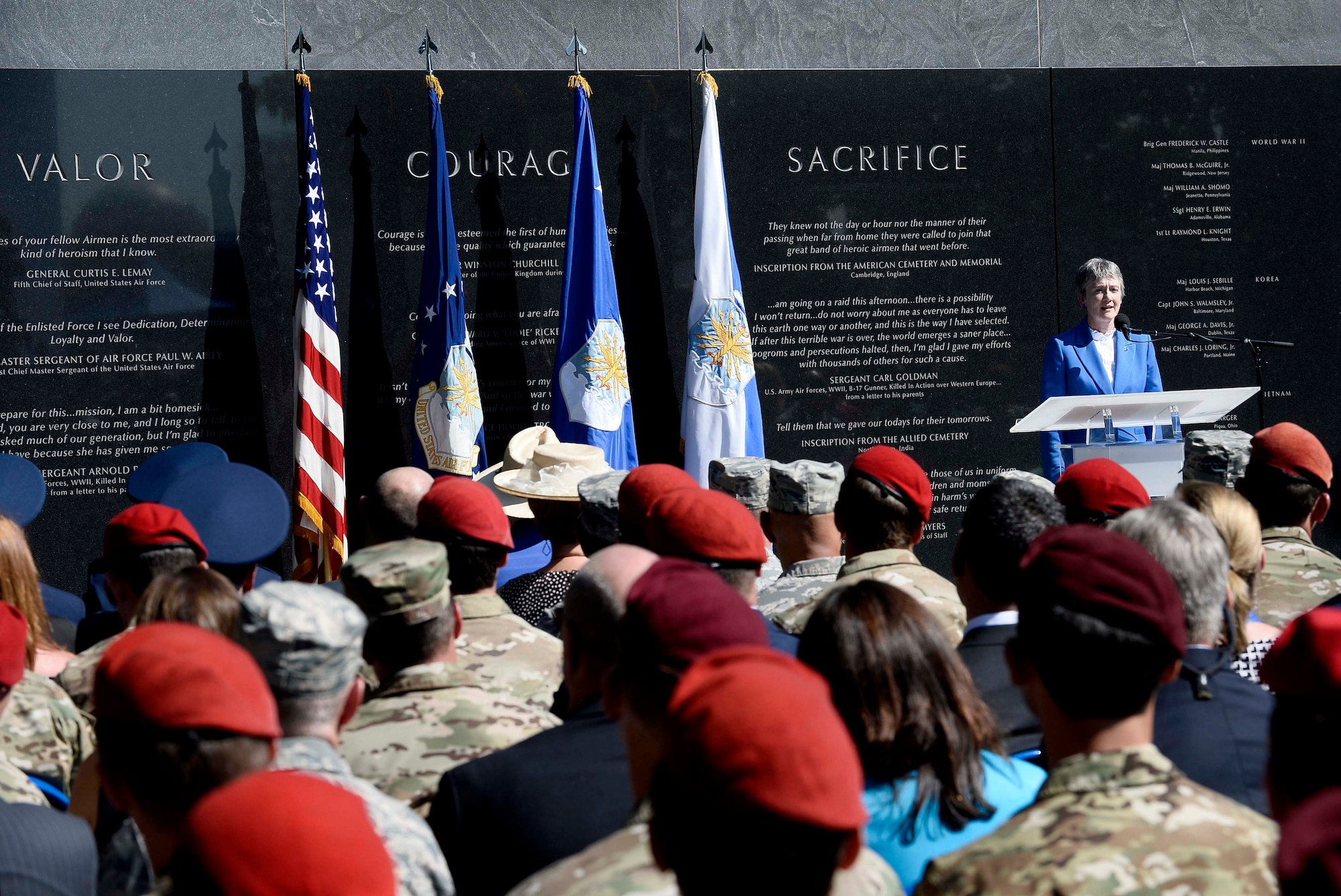 Secretary of the Air Force Heather Wilson speaks at Master. Sgt. John Chapman’s name unveiling ceremony at the Air Force Memorial in Arlington, Va., Aug. 24, 2018. Chapman was posthumously awarded the Medal of Honor for actions on Takur Ghar Mountain in Afghanistan March 4, 2002. An elite special operations team was ambushed by the enemy and came under heavy fire from multiple directions. Chapman immediately charged an enemy bunker through thigh-deep snow and killed all enemy occupants. Courageously moving from cover to assault a second machine gun bunker, he was injured by enemy fire. Despite severe wounds, he fought relentlessly, sustaining a violent engagement with multiple enemy personnel before making the ultimate sacrifice. With his last actions he saved the lives of his teammates. (U.S. Air Force photo by Staff Sgt. Chad Trujillo)