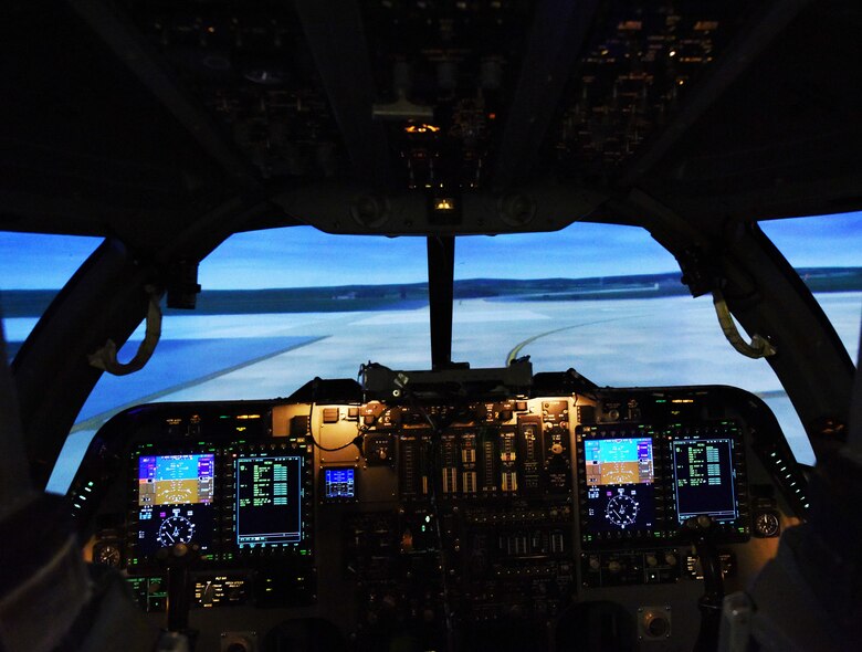 A B-1 simulator displays a simulated flight line on base at Ellsworth Air Force Base, S.D., Aug. 21, 2018. The B-1 simulator can replicate a combat zone so aircrew members can train for real-world situations without actually flying an aircraft to the location. (U.S. Air Force photo by Airman 1st Class Thomas Karol)