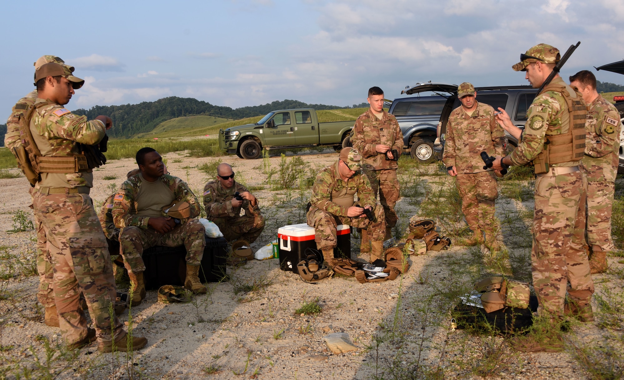 Maj. Allen Jennings, with the 621st Contingency Response Squadron, gives a class on the use of White Phosphor Night Vision Goggles during training at Camp Branch in Logan, West Virginia, Aug. 22, 2018. The 621st CRG spent four days training with and working alongside the 130th ANG at Camp Branch practicing semi-prepared runway operations. (U.S. Air Force photo by Tech. Sgt. Jamie Powell)