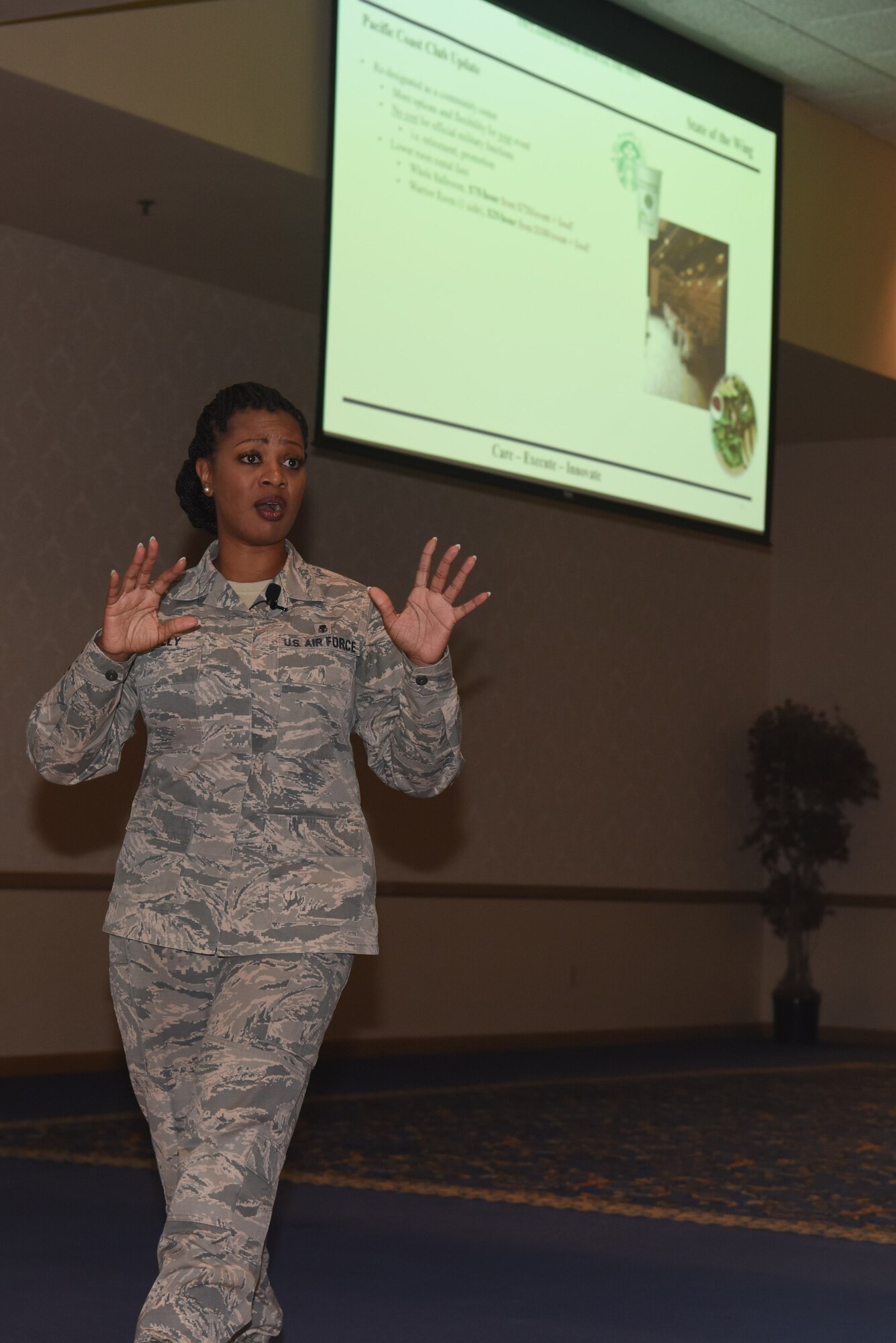 Chief Master Sgt. Diena Mosely, 30th Space Wing command chief, hosts a commander's call Aug. 23 in the Pacific Coast Club at Vandenberg Air Force Base, Calif. Mosely and the commander spent time explaining the changes to the base and what's to come for Vandenberg during an all call.