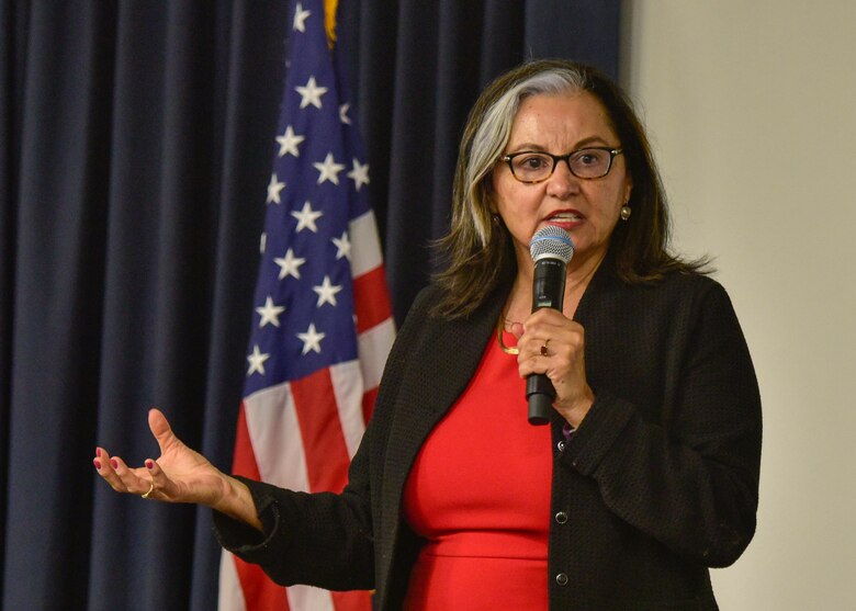 Antoinette Sedillo-Lopez discusses women's suffrage at the Kirtland Women's Equality Day event Aug. 24, 2018. Sedillo-Lopez, a former law professor at UNM and congressional candidate, detailed the history of the women's suffrage movement in the U.S. and took questions from audience members afterward. Women's Equality Day commemorates women gaining the right to vote with the passage of the 19th Amendment in August of 1920. (U.S. Air Force photo by Airman Austin J. Prisbrey)