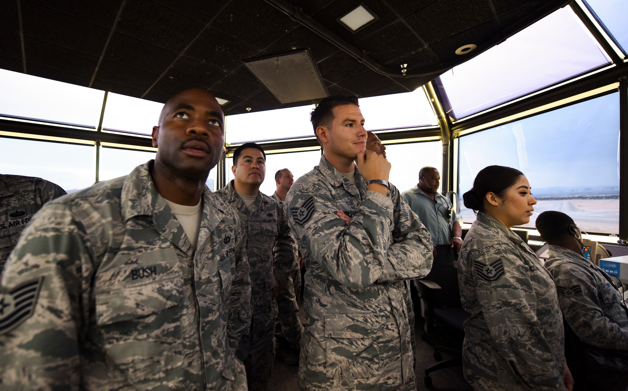 Air Force technical sergeants from units across the U.S. Air Force Warfare Center tour the air traffic control tower at Nellis Air Force Base, Nevada, Aug. 16, 2018. The tour was part of the Warrior Stripe program where technical sergeants toured different parts of the base that they would not regularly see in their daily job. (U.S. Air Force photo by Airman 1st Class Andrew D. Sarver)