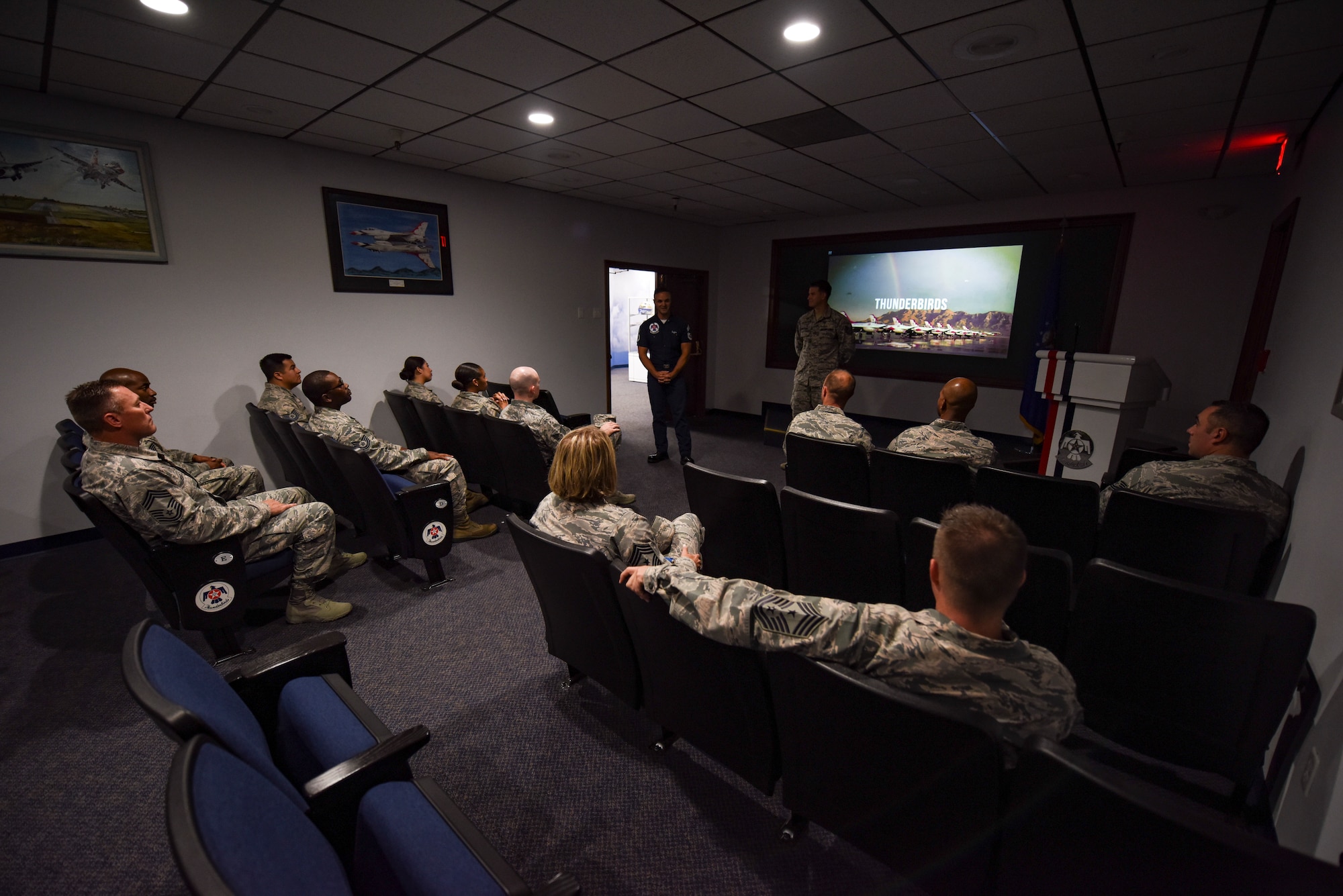 Airmen from units across the U.S. Air Force Warfare Center gather in the Thunderbirds museum at Nellis Air Force Base, Nevada, Aug. 16, 2018. The tour was part of the Warrior Stripe program where technical sergeants toured parts of the base they would not regularly see in their daily job. (U.S. Air Force photo by Airman 1st Class Andrew D. Sarver)