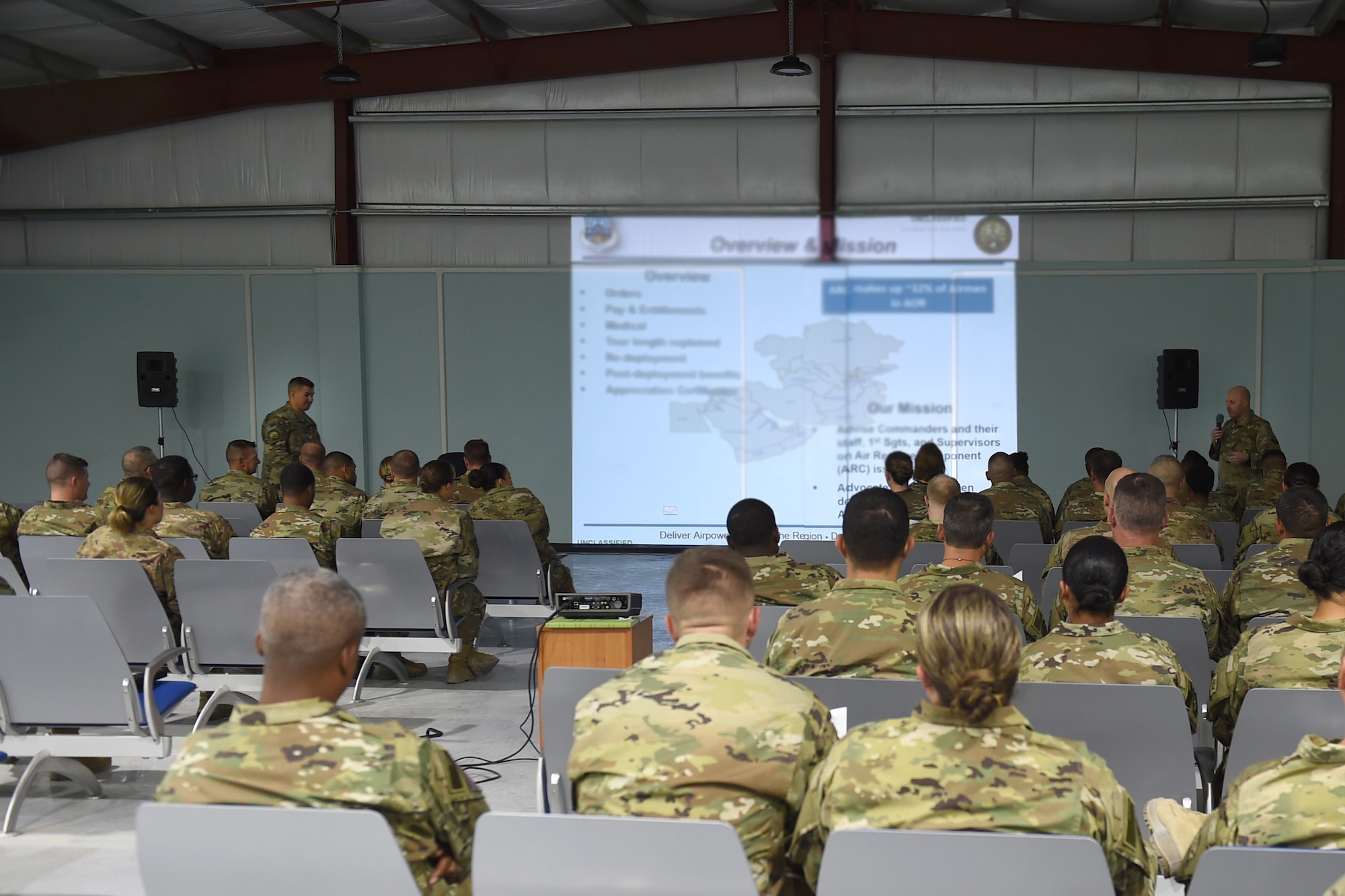 Two Airmen give a power point briefing
