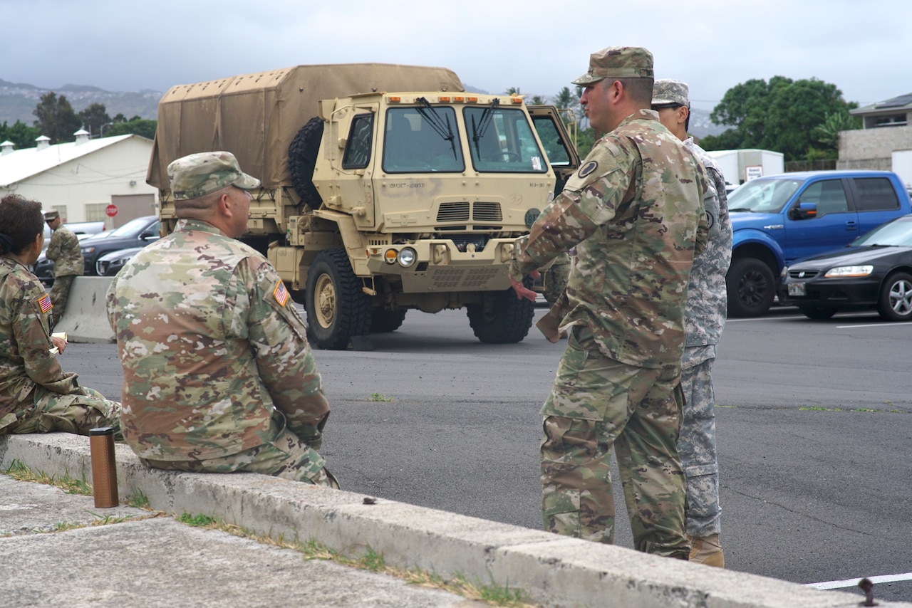 Hawaii Army National Guardsmen and members of the Hawaii Emergency Management Agency stage for recovery operations for Hurricane Lane in Honolulu, Aug. 24, 2018. Hurricane Lane hammered Hawaii’s Big Island with 130 mph winds and three feet of rain Aug. 23, but on Aug. 25 the once-mighty Category 4 hurricane has been downgraded to a much-tamer tropical storm with 65 mph winds. Air National Guard photo by Air Force Tech. Sgt. Andrew Jackson