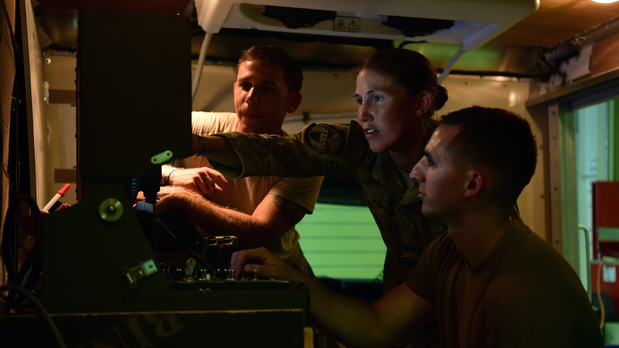 Tech. Sgt. Jacqueline Risley, 386th Expeditionary Civil Engineer Squadron, Explosive Ordnance Disposal equipment non-commissioned officer in charge, assists with the calibration of the unit’s bomb robot Aug. 24, 2018, at an undisclosed location in Southwest Asia. Risley joined the nearly all-male EOD career field to fulfill her desire to constantly be challenged. (U.S. Air Force photo by Staff Sgt. Christopher Stoltz)