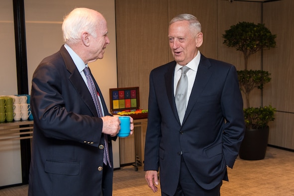 Arizona Sen. John S. McCain meets with Mamoun Sami Rasheed Al Awani, governor of Al Anbar in Haditha, Iraq, March 16, 2008. McCain asked questions about the Anbar Awakening as well as the economy in Haditha during his discussions. Courtesy photo