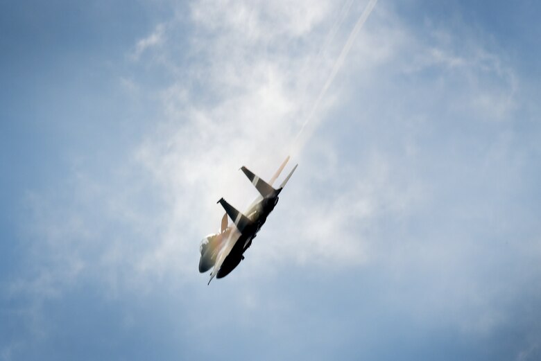 An F-15E Strike Eagle assigned to the 492nd Fighter Squadron flies over Royal Air Force Lakenheath, England, Aug. 17. The 492nd dedicated F-15E Strike Eagles in support of Typhoon Warrior, the Royal Air Force’s premier air combat training exercise during the month of August. (U.S. Air Force photo/ Tech. Sgt. Matthew Plew)