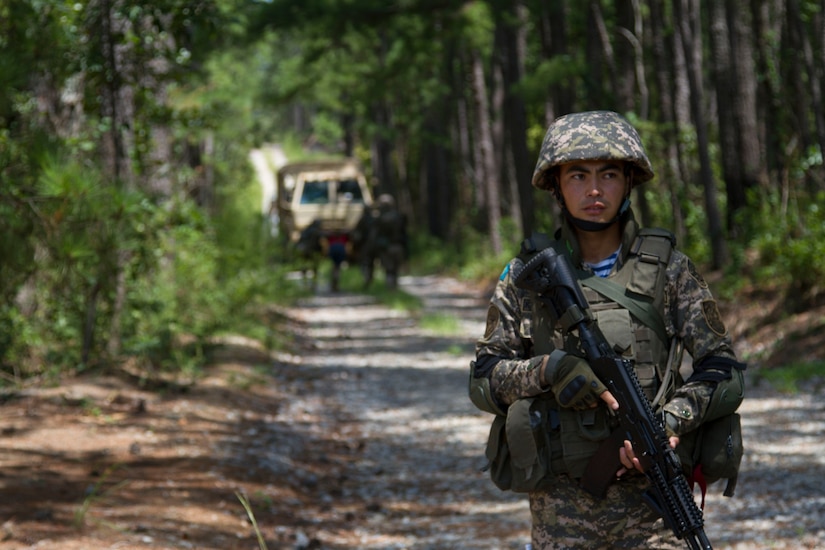 A Soldier from the Armed Forces of the Republic of Kazakhstan, stands watch as an enemy sniper is being taken into custody during a scenario during the Field Training Exercise portion of Exercise STEPPE EAGLE 18.

Military-to-military exercises have served as an excellent training opportunity to strengthen tactical proficiency and support regional stability.