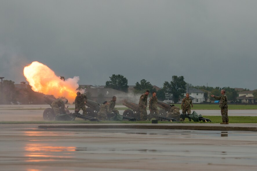 U.S. Army soldiers from the Maneuver Support Center of Excellence, Fort Leonard Wood, Missouri, fire a 17-volley cannon salute to honor outgoing commander U.S. Air Force Gen. Darren W. McDew during the U.S. Transportation Command change of command ceremony, Aug. 24, 2018, at Scott Air Force Base, Illinois.