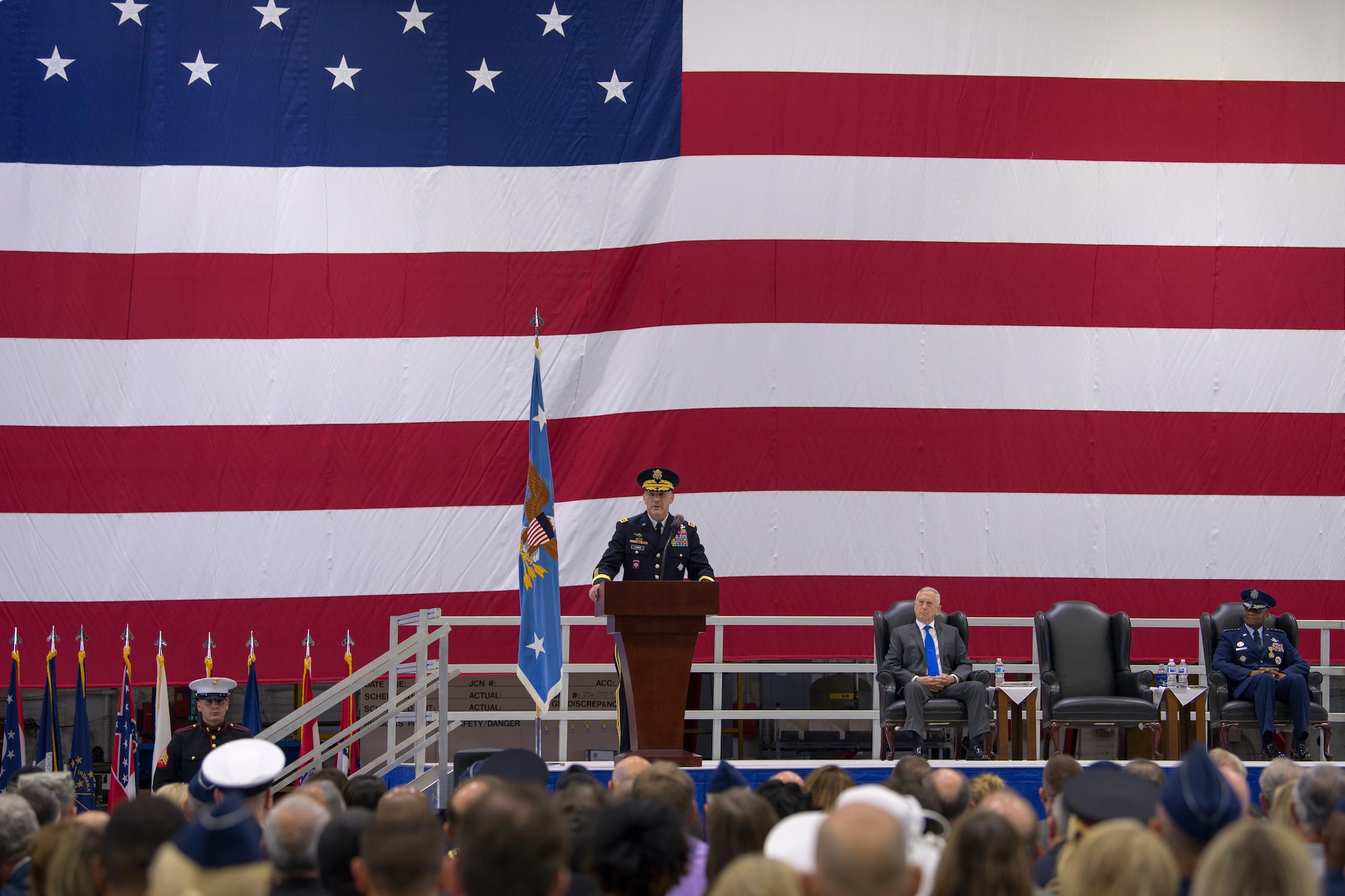 U.S. Army Gen. Stephen R. Lyons thanks family, distinguished guests and military members in his first address as commander of U.S. Transportation Command after a change of command ceremony, Aug. 24, 2018, at Scott Air Force Base, Illinois.
