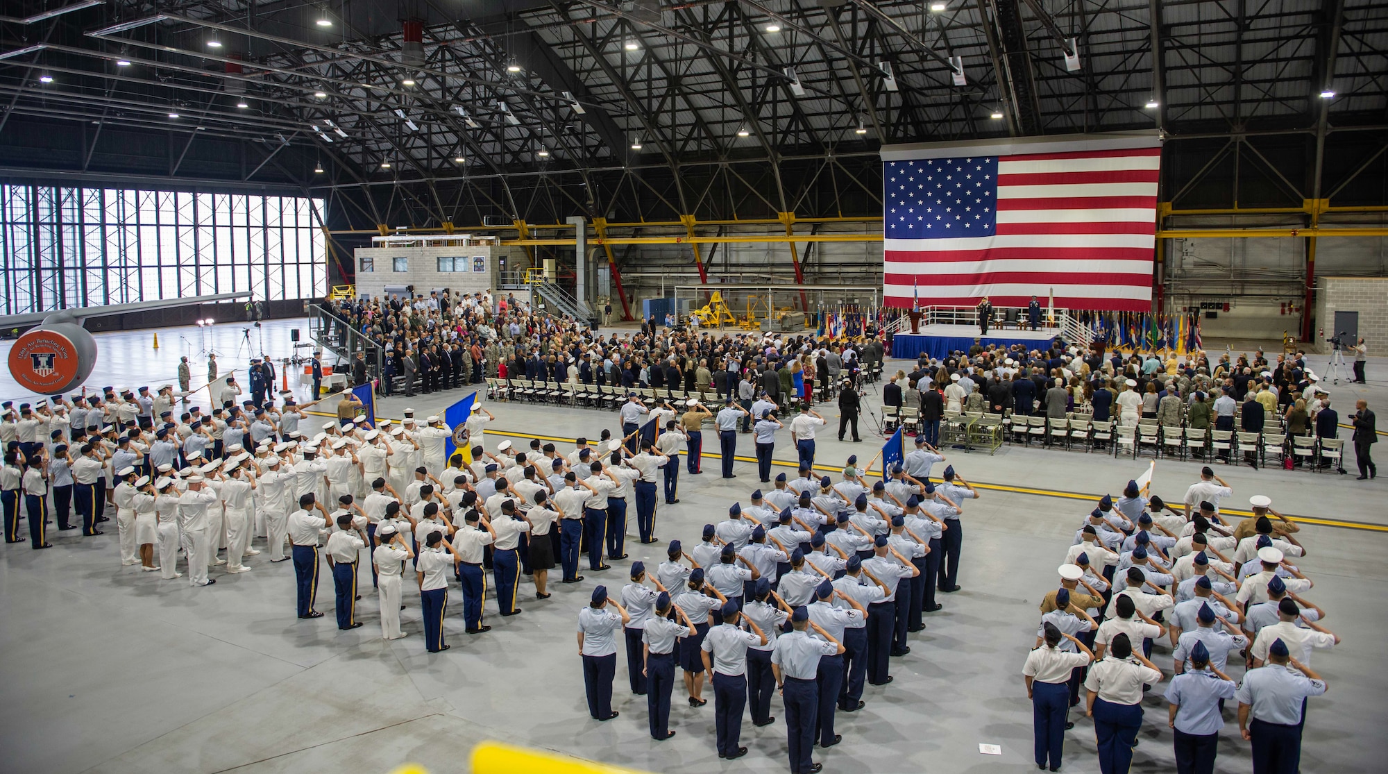 U.S. Army Gen. Stephen R. Lyons receives his first salute as the U.S. Transportation Command at a change of command ceremony, Aug. 24, 2018, at Scott Air Force Base, Illinois.